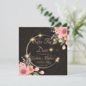 黒/花柄のSave the Dateカード 招待状 (スタンド正面)