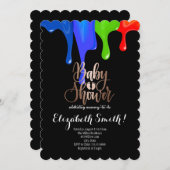 黒、虹の色の星ベビーシャワーの招待 招待状 (正面/裏面)