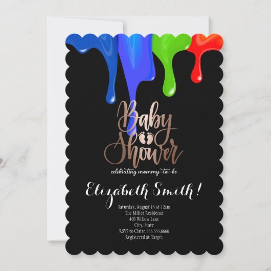 黒、虹の色の星ベビーシャワーの招待 招待状 (正面)