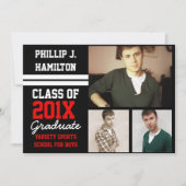 黒/赤スポーティ少年3写真卒業 招待状 (正面)