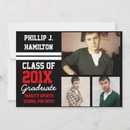 黒/赤スポーティ少年3写真卒業 招待状