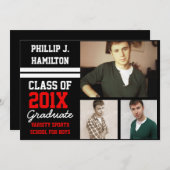 黒/赤スポーティ少年3写真卒業 招待状 (正面/裏面)