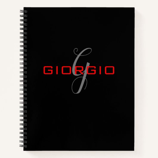 黒 赤 お名前イニシャル モノグラム モダン ノートブック (正面)