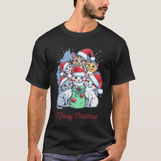 黒 赤 猫 クリスマス クリスマス Tシャツ (正面)