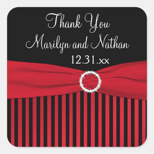 黒、赤、白のストライプの結婚式の引き出物 スクエアシール (正面)