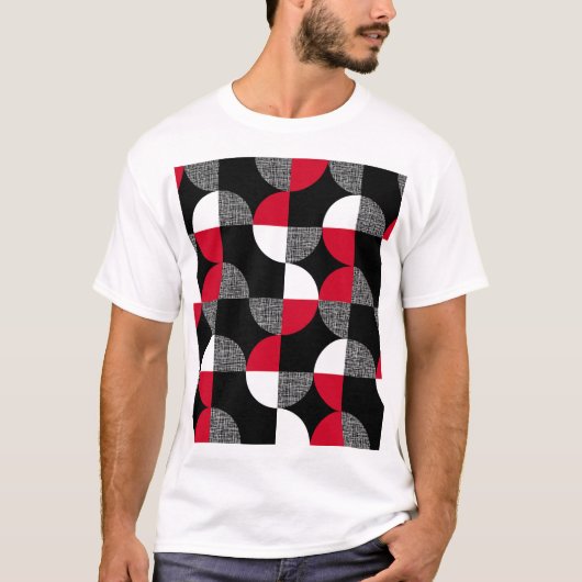 黒、赤、白の幾何学模様。 Tシャツ (正面)