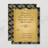 黒、金ゴールドのフェイクなグリッターRSVPカード 出欠カード (正面/裏面)