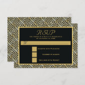 黒、金ゴールドギリシャ鍵結婚式RSVP返信 出欠カード (正面/裏面)