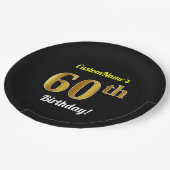 黒、金ゴールドフェイク60誕生日+名前をカスタムする ペーパープレート (アングル)