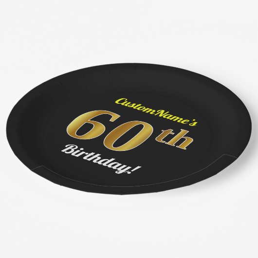 黒、金ゴールドフェイク60誕生日+名前をカスタムする ペーパープレート (アングル)