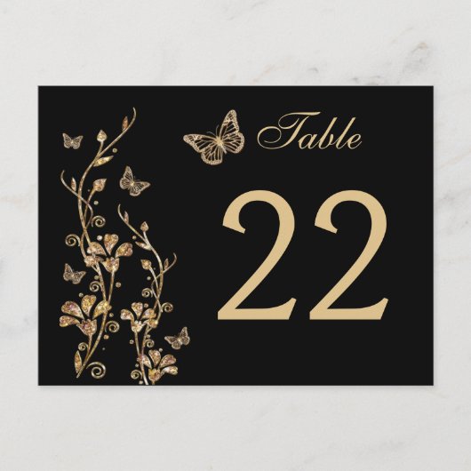 黒、金ゴールドフローラと蝶テーブル番号 ポストカード (正面)