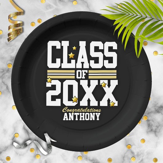 黒|金ゴールド卒業年 ペーパープレート