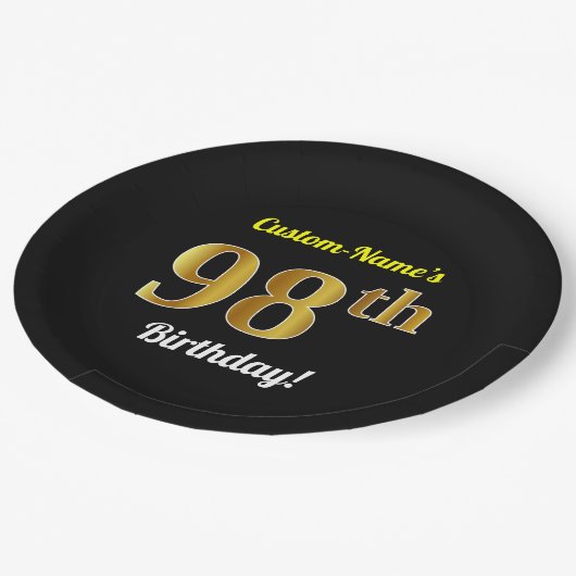黒、金ゴールド98フェイク誕生日+名前をカスタムする ペーパープレート (アングル)