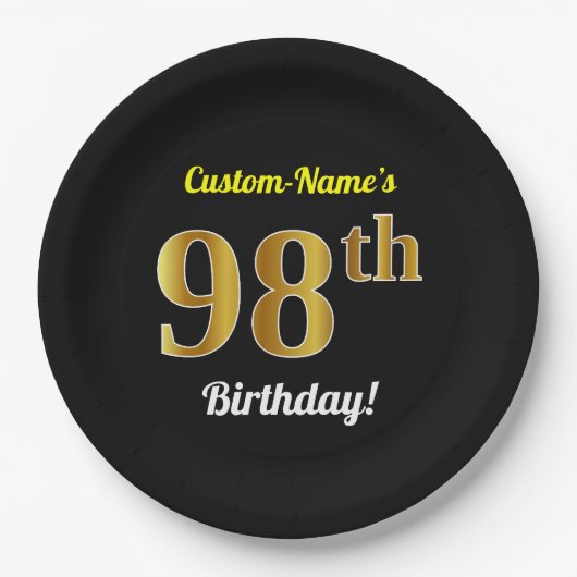 黒、金ゴールド98フェイク誕生日+名前をカスタムする ペーパープレート (正面)