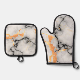 黒、金ゴールド、グレーの大理石で設計されたポットホルダー 鍋つかみ&鍋敷きセット
