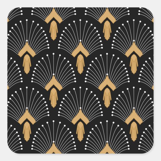 黒、金ゴールド、白いアールデコ扇花 スクエアシール (正面)