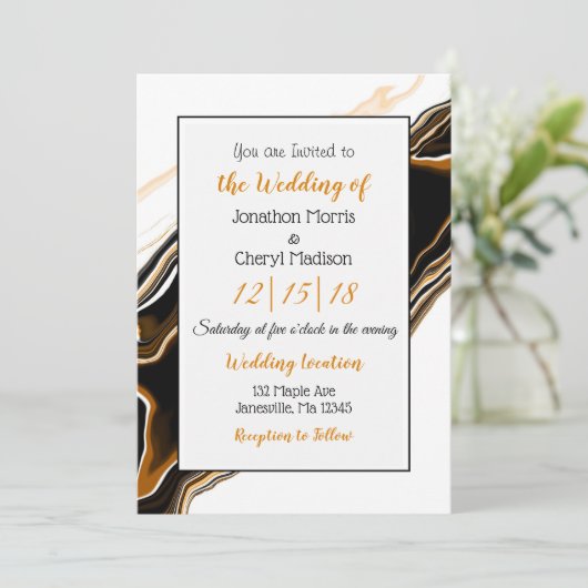黒、金ゴールド、白の大理石の流体アート結婚ズ 招待状 (スタンド正面)