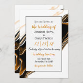 黒、金ゴールド、白の大理石の流体アート結婚ズ 招待状 (正面/裏面)