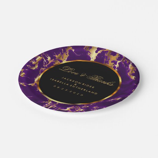 黒、金ゴールド、紫の大理石 ペーパープレート (アングル)