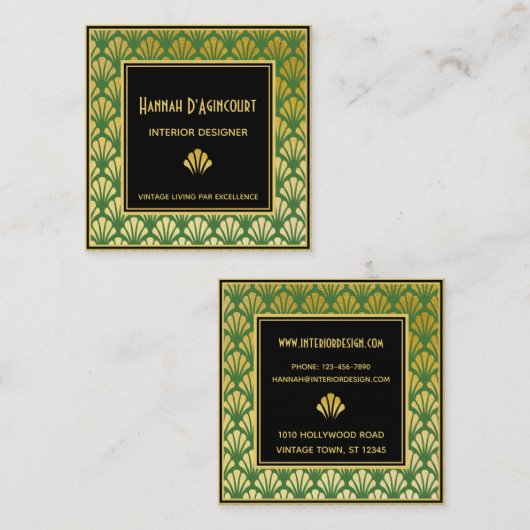 黒、金ゴールド、緑のアールデコファンのパターンChic スクエア名刺 (正面/裏面)