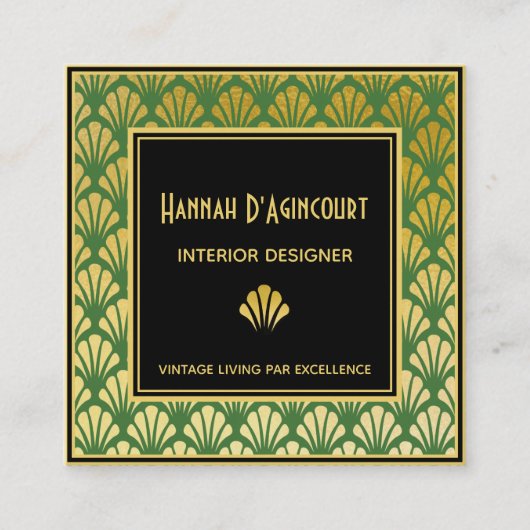 黒、金ゴールド、緑のアールデコファンのパターンChic スクエア名刺 (正面)