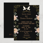 黒、金、 花をあしらった結婚式のカード 招待状 (正面/裏面)
