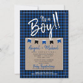 黒+青それは男の子バッファローplaid赤ちゃんシャワー 招待状
