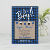 黒+青それは男の子バッファローplaid赤ちゃんシャワー 招待状 (スタンド正面)