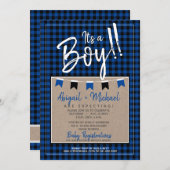 黒+青それは男の子バッファローplaid赤ちゃんシャワー 招待状 (正面/裏面)