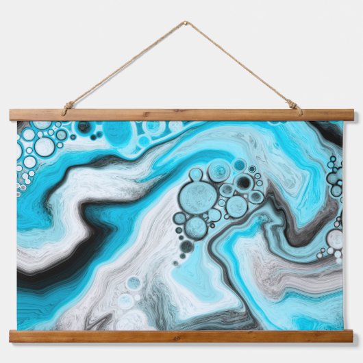 黒、青、白の大理石の泡 吊り下げ型タペストリー (正面)