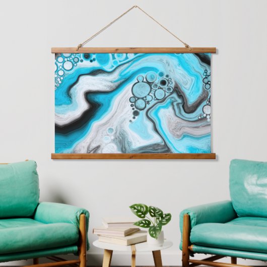 黒、青、白の大理石の泡 吊り下げ型タペストリー (リビング)