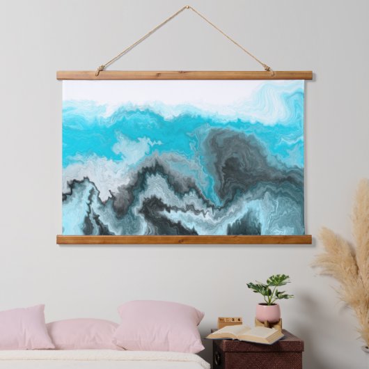 黒、青、白の大理石の波 吊り下げ型タペストリー (寝室)