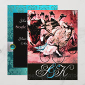 黒 青 赤 自転車 結婚式 ダマスク モノグラム 招待状 (正面/裏面)