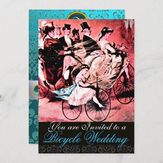 黒 青 赤 自転車 結婚式 ダマスク モノグラム, 招待状 (正面/裏面)