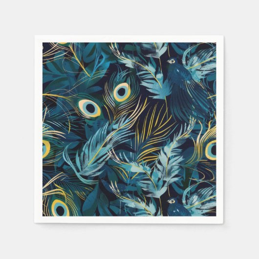 黒、青、黄色の孔雀の羽模様 スタンダードカクテルナプキン (正面)