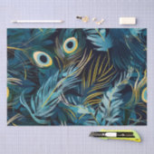 黒、青、黄色の孔雀の羽模様 薄葉紙 (クラフト)