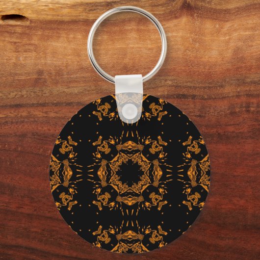 黒、黄色の銅フローラダマスクレトロパターン キーホルダー (正面)