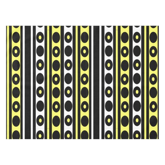 黒、黄、および白の水玉模様とストライプ テーブルクロス (正面(横))