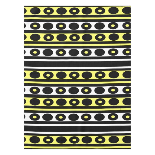 黒、黄、および白の水玉模様とストライプ テーブルクロス (正面)