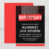 黒 10歳の誕生日 招待状 男の子 パーティー 赤 (正面/裏面)