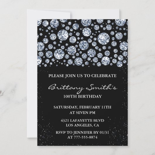 黒 100歳の誕生日 招待状 ダイヤモンド グリッター (正面)