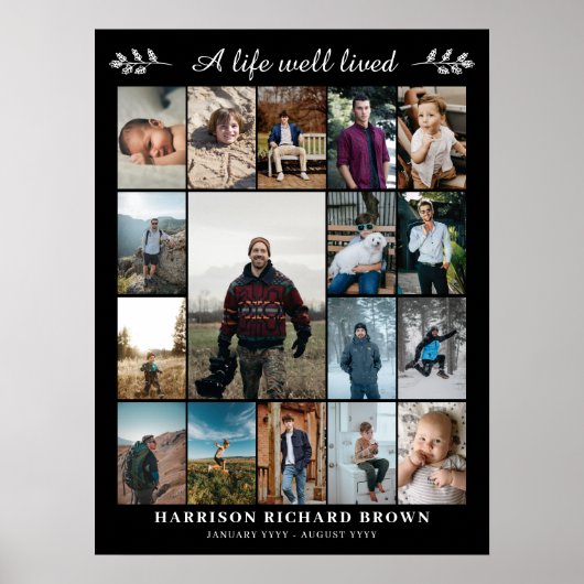 黒 A Life Well Lived 17 写真コラージュ追悼 ポスター (正面)