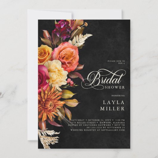 黒Bohoエレガントフローラス鮮やかクリプトシャワー 招待状 (正面)