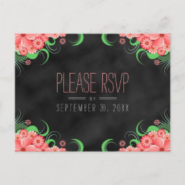 黒ChalkboardピンクフローラRSVP返信はがき インビテーションポストカード