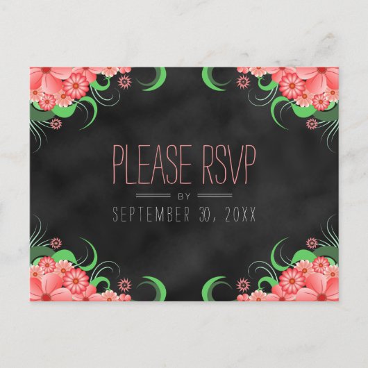 黒ChalkboardピンクフローラRSVP返信はがき インビテーションポストカード (正面)