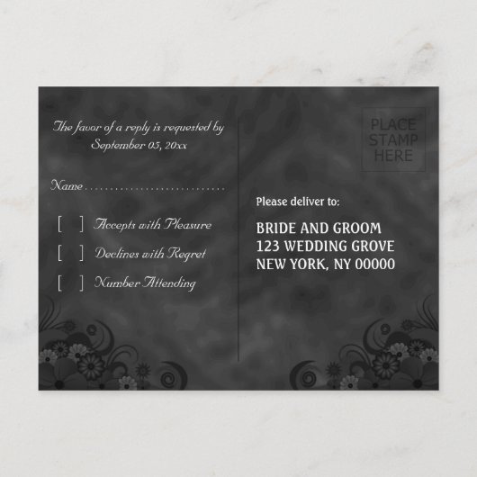 黒ChalkboardフローラゴシックRSVP返信はがき インビテーションポストカード (裏面)