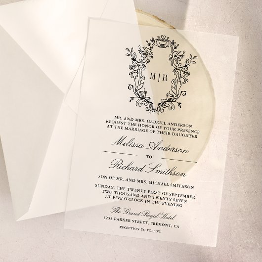 黒Chinoiserieクレストモノグラム結婚ズ ベラム紙招待状