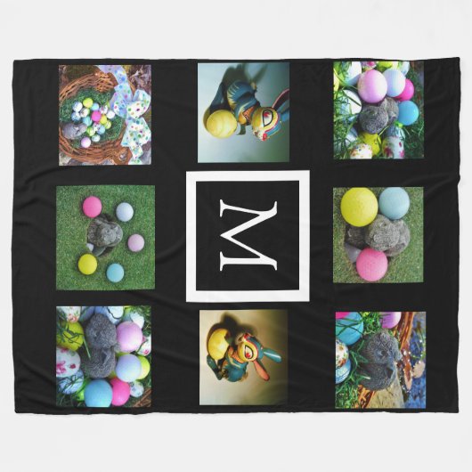 黒Instagram写真カスタムコラージモノグラム フリースブランケット (正面(横))