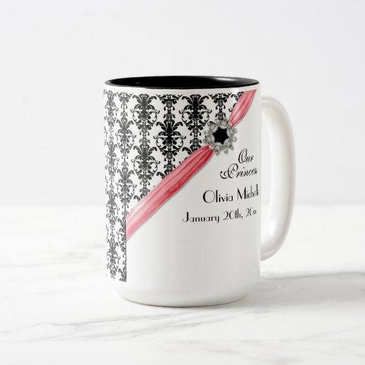 黒nホワイトダマスクジュエリーブリンベビーガール ツートーンマグカップ (正面右)
