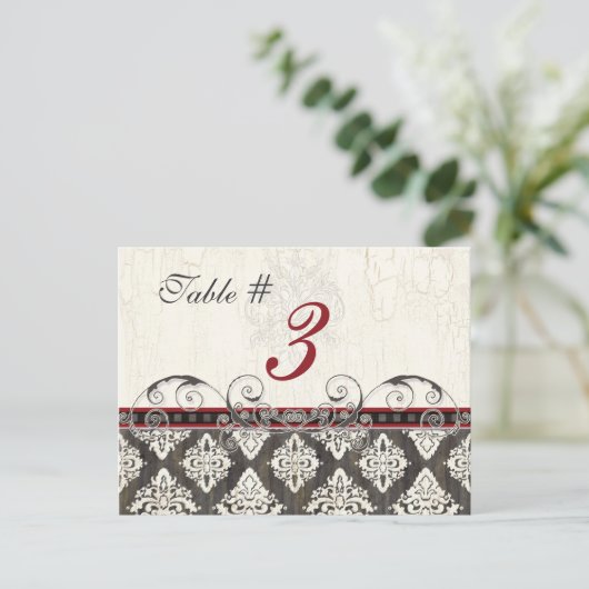 黒'nホワイトダマスク赤いテーブルカード番号 ポストカード (スタンド正面)